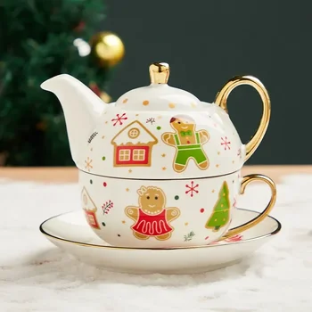 420 мл Керамични Чай за Един Набор от Коледа Дядо Коледа Чайник Чаена Чаша с Чинийка Позлатена Дръжка Чаши за Подарък Кутия