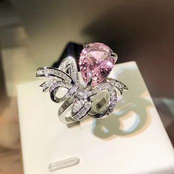 Висококачествени пръстени от сребро 925 Проба с розов цирконием и лък за жени, Луксозни дамски пръстени с пеперуда, Пръстени бижута