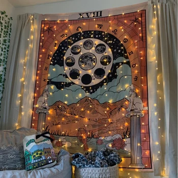 Гоблен с изображение на Слънцето, Луната, звездите, стенен декор, ретро-гадаене, астрология, Таро хипи, декорация на стаи в стил бохо
