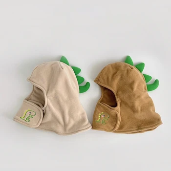 Детска шапчица 2023 Зимна детска руното ветрозащитная шапчица с качулка за врата, дебели детски шапки за защита на ушите отвътре с хубав анимационни динозавром