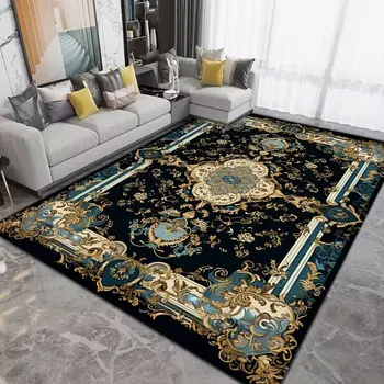 Европейски стил, голям килим за хол, декорация на дома, луксозен Черен Златен персийски килим за спалнята, моющийся подложка за подови настилки, килим за хол