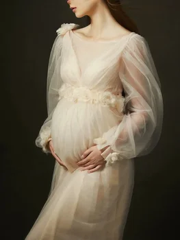 Елегантни рокли за бременни, за фотосесии на бременни жени от еднакво вкара прежди с V образно деколте за фотография на бременни макси Рокля за бременни