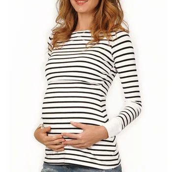 Женска тениска за бременни, лятна есенна риза райе с дълъг ръкав за хранене, ризи за кърмене, дрехи за бременни, S-XL