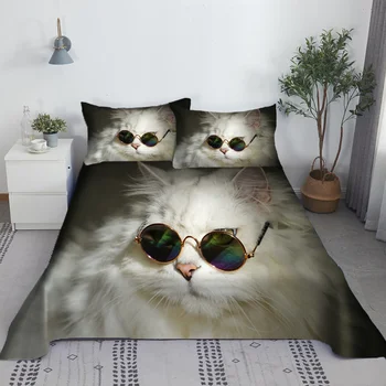 Комплект спално бельо Lovely Cat с дигитален печат От полиестер, Плосък чаршаф с принтом Калъфки за възглавници, Комплект спално бельо 1.2/1.5/1.8/2.0 m