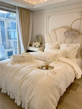 Комплект спално бельо в стил принцеса с бродерия от 100% памук, мек и интимен комплект от четири теми