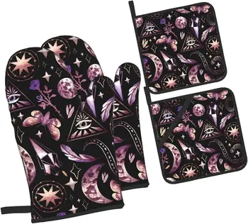 Магически кухненски ръкавици и кухненски ръкавици Tarot Moon Butterfly в готически стил, комплекти от 4 кухненски прихваток, топлоустойчиви ръкавици нескользящие