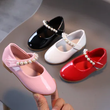 Однотонная Детски обувки Mary Janes за момичета на равна подметка, Новост 2024 година, обувки принцеса от изкуствена кожа с перлата на мъниста за момиченца, Размер 21-36
