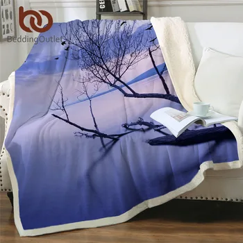 Почивка на легло комплект с 3D принтом Плюшевое покривки за легла с птици в езерото Залез Одеало за легло синьо Лилава Шерп Одеяло Пейзаж дърво Ленено одеяло