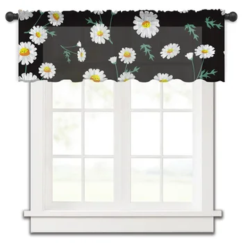 Пролетни Цветя Маргаритки Черна Кухня Малък Прозорец Завеса Тюл Прозрачен Къс Завеса Спалня Хол Начало Декор Вуалевые завеси