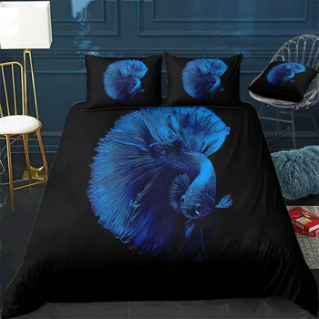 синьо стеганое одеяло риба fish, калъфка за възглавница, одеяло от 3 теми, комплект постелки с калъфка, Бвп Двоен чаршаф, декорация за дома