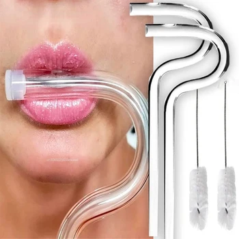 Соломинка срещу бръчки по устните, Множество стъклена соломинка за пиене, анти-ейдж дизайн в стил сламен флейта Tiktok, привличане на устните хоризонтално