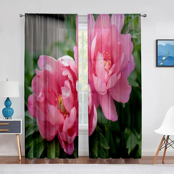 Тюлевые завеси с розов пионом-отблизо и зелени листа за всекидневна, декориране на дома, душ завеса на прозореца, завеса от прозрачен воал за кухни
