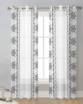 Черно-бели тюлевые завеси в стил бохо в цветенце за хол, спалня, прозрачни завеси на прозорците, кухня, тераси, модерни вуалевых завеси