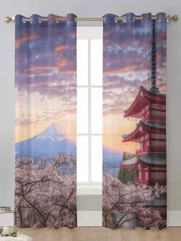 Японската Планината Фуджи Черешов Цвят, Прозрачни Завеси За Прозорците На Хола Прозрачен Воал Тюлевая Завеса Cortinas Завеси За Дома